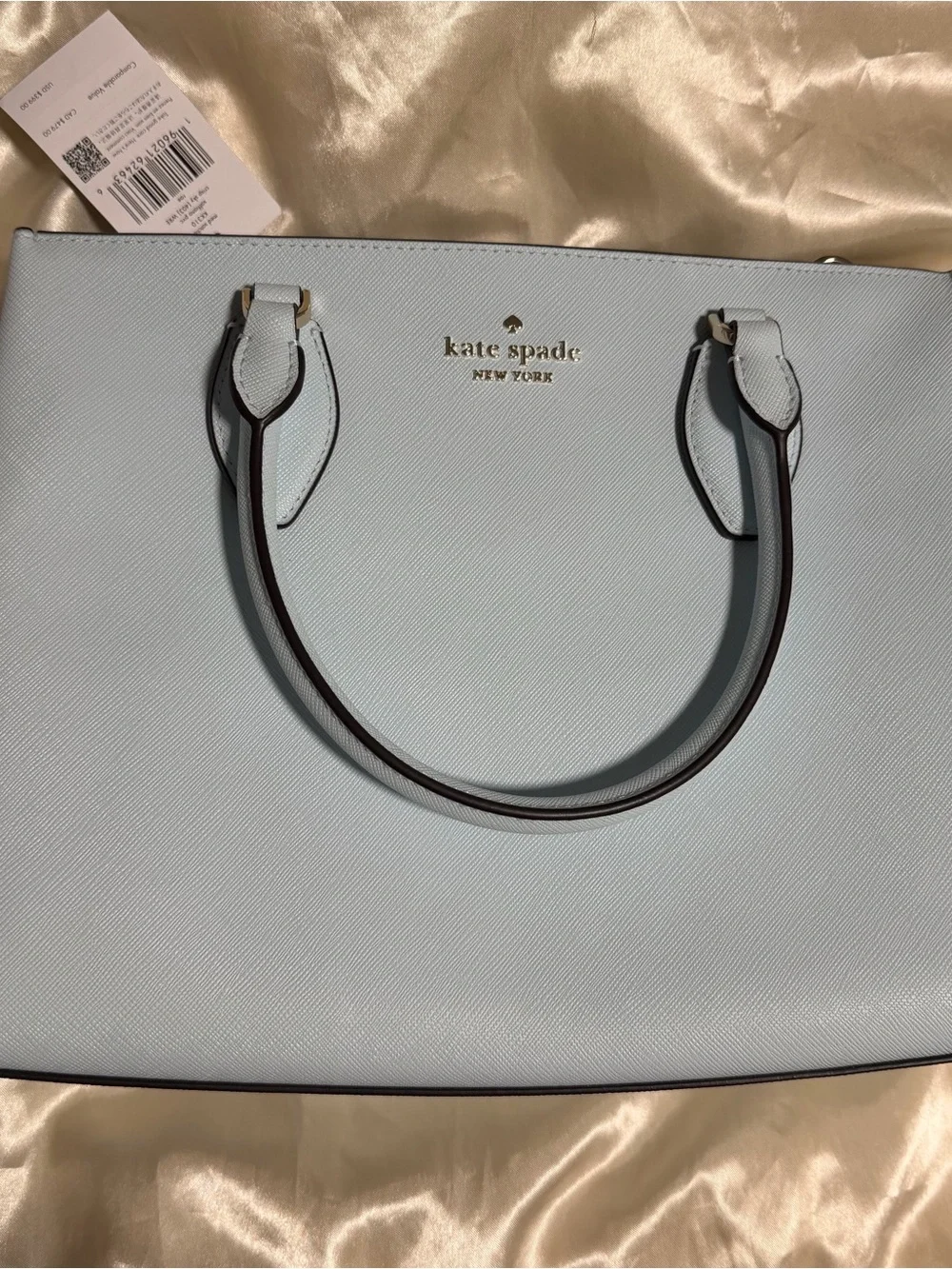 kate spade sky blue Saffiano medium satchel with Gold Logo.